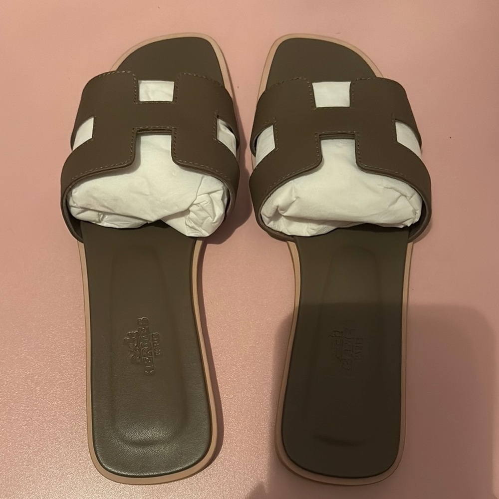 Hermes Brown and White H-Cutout Sandals